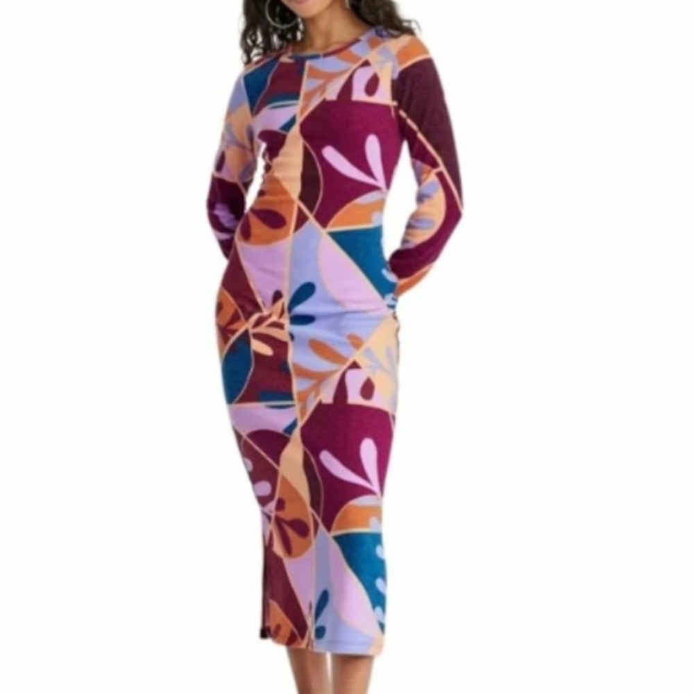 Latino Heritage Month Abstract Floral Long Sleeve Midi Dress